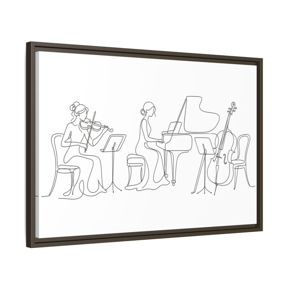 Side Mockup 11. Piano Trio Line Art shown as framed canvas print