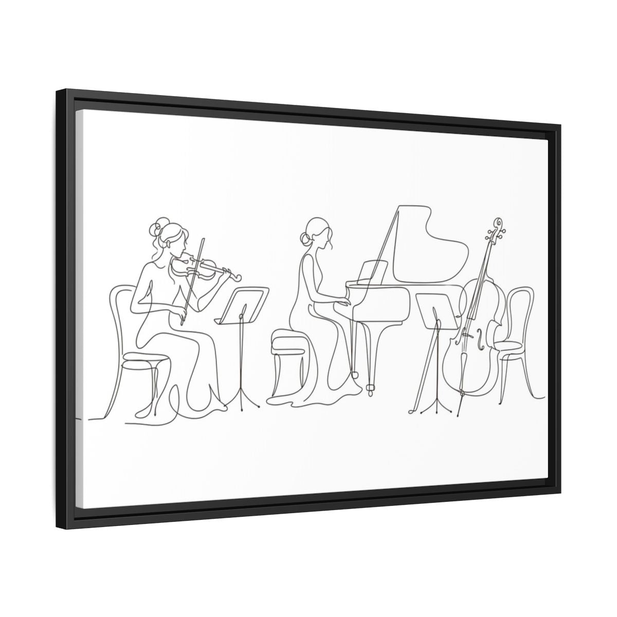 Side Mockup 14. Piano Trio Line Art shown as framed canvas print