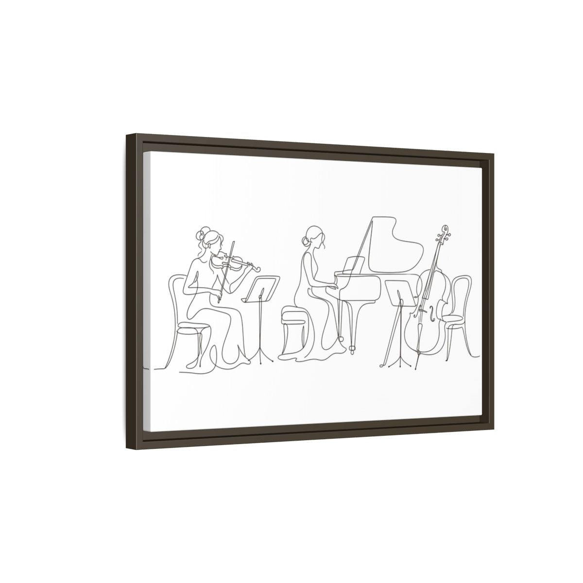 Side Mockup 2. Piano Trio Line Art shown as framed canvas print