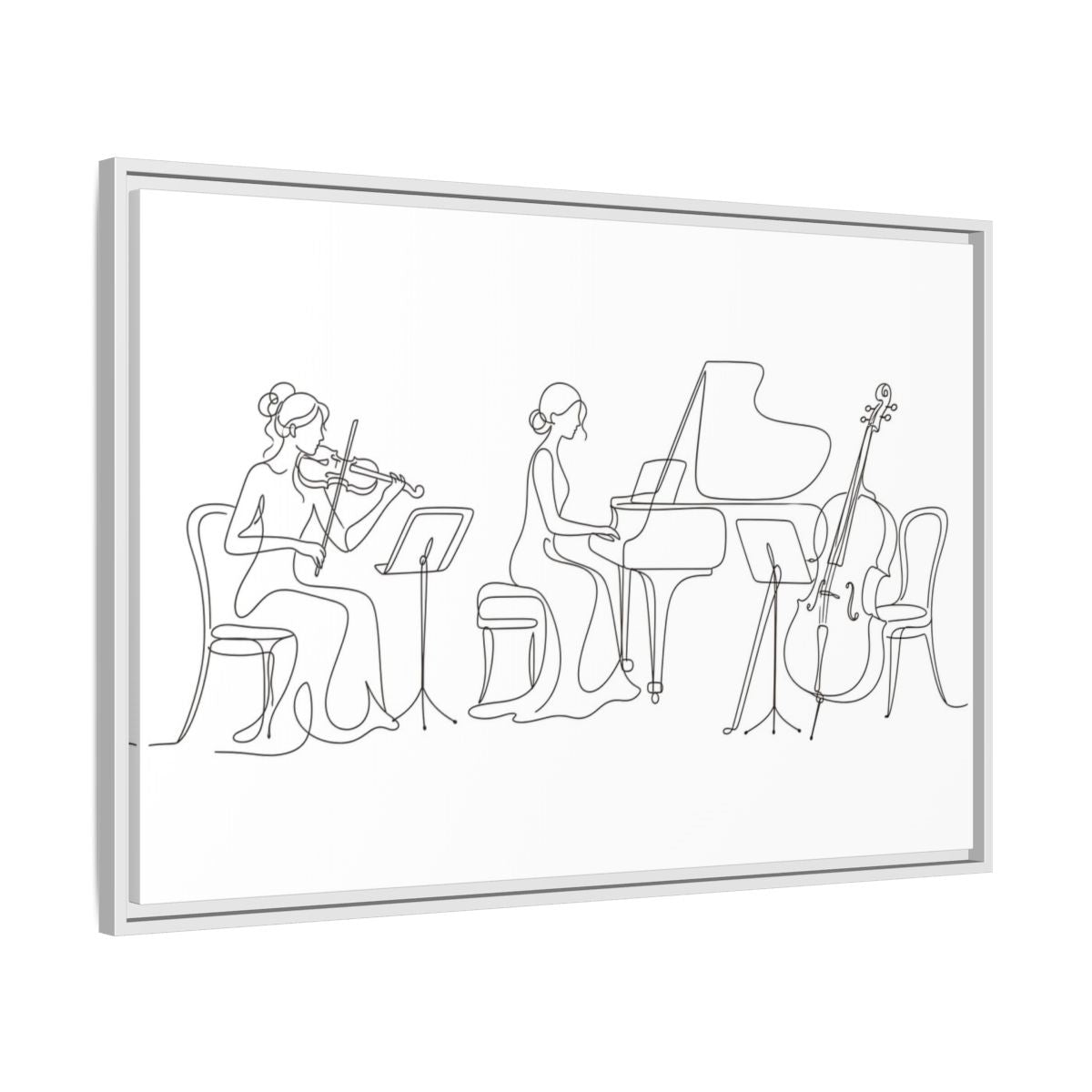 Side Mockup 9. Piano Trio Line Art shown as framed canvas print