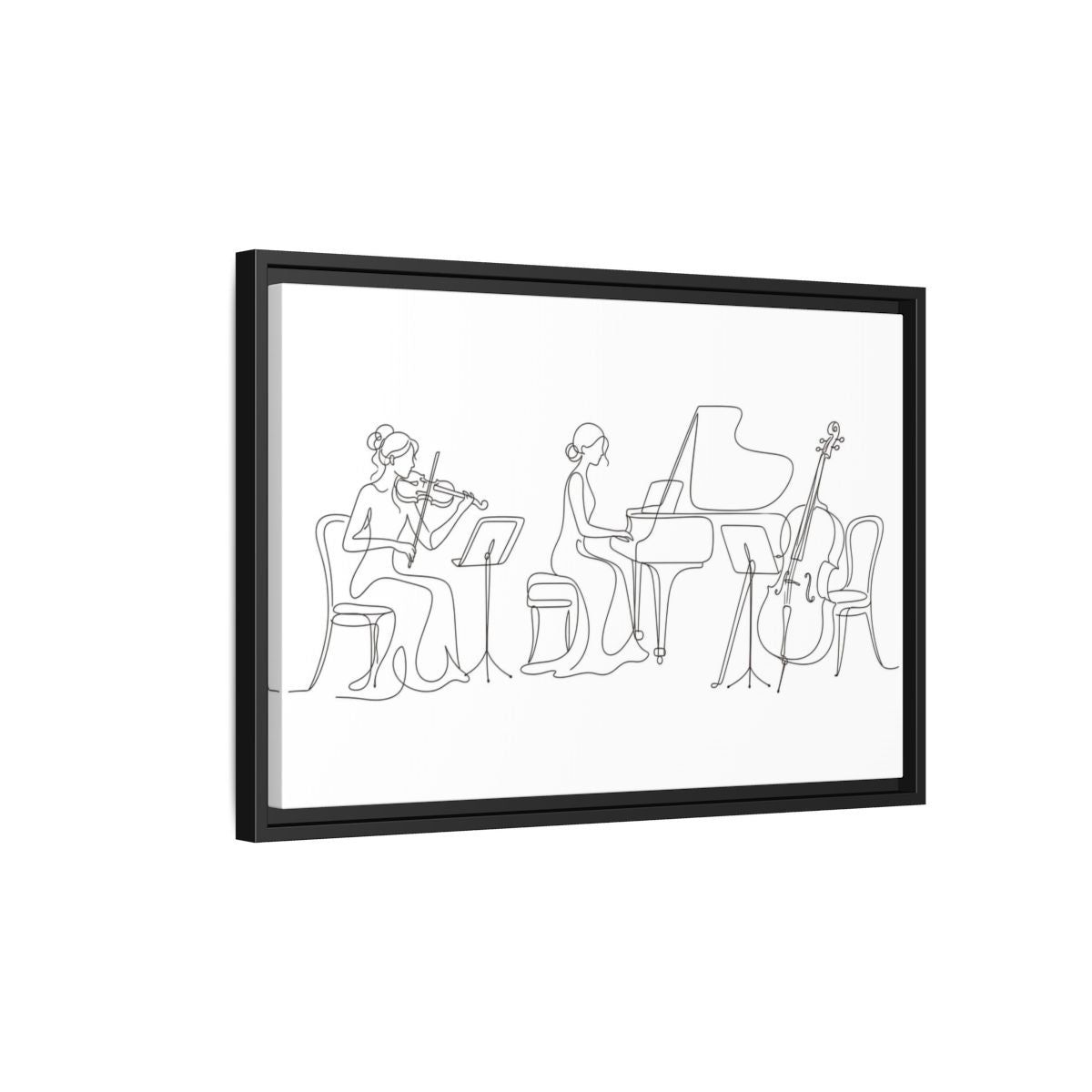 Side Mockup 3. Piano Trio Line Art shown as framed canvas print