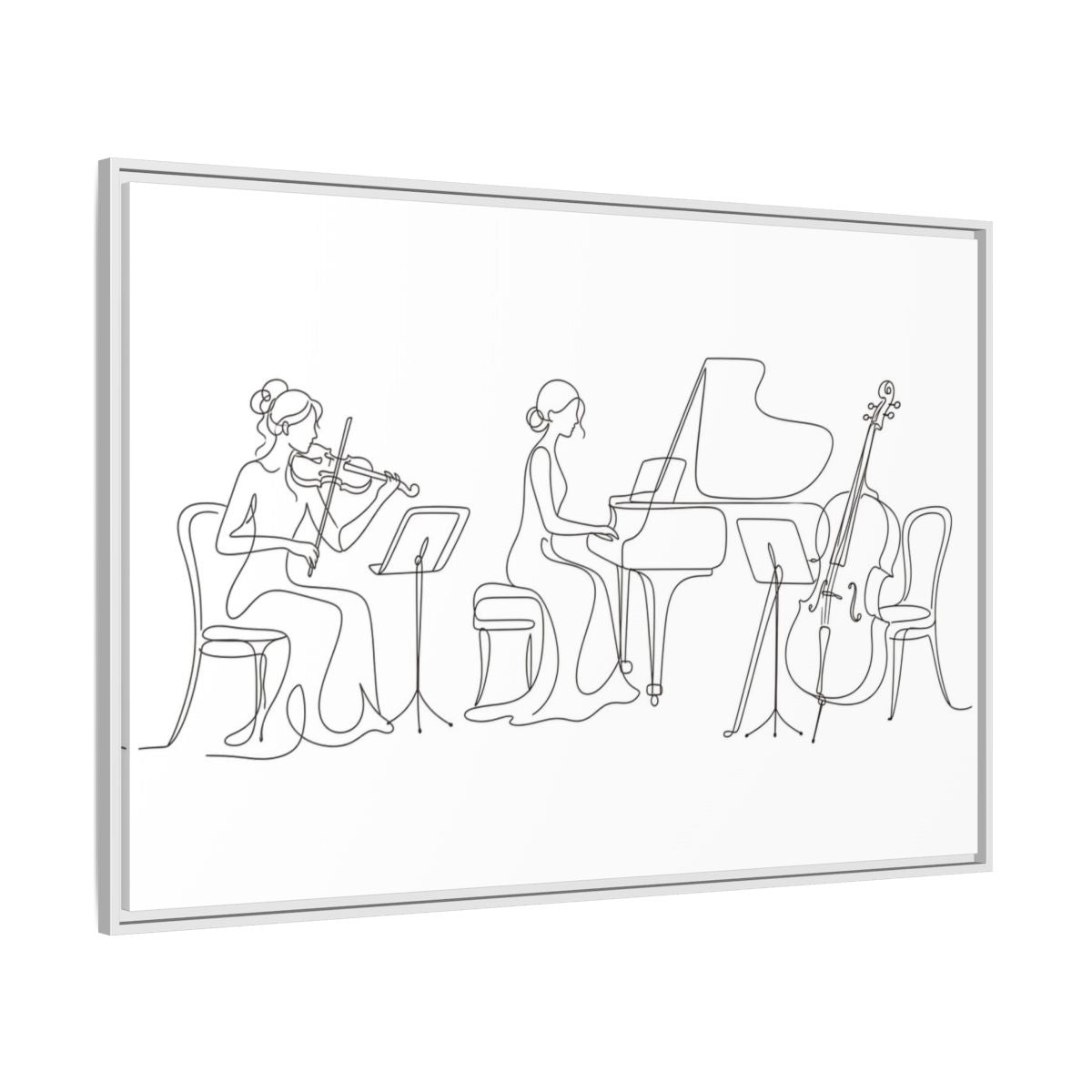 Side Mockup 7. Piano Trio Line Art shown as framed canvas print