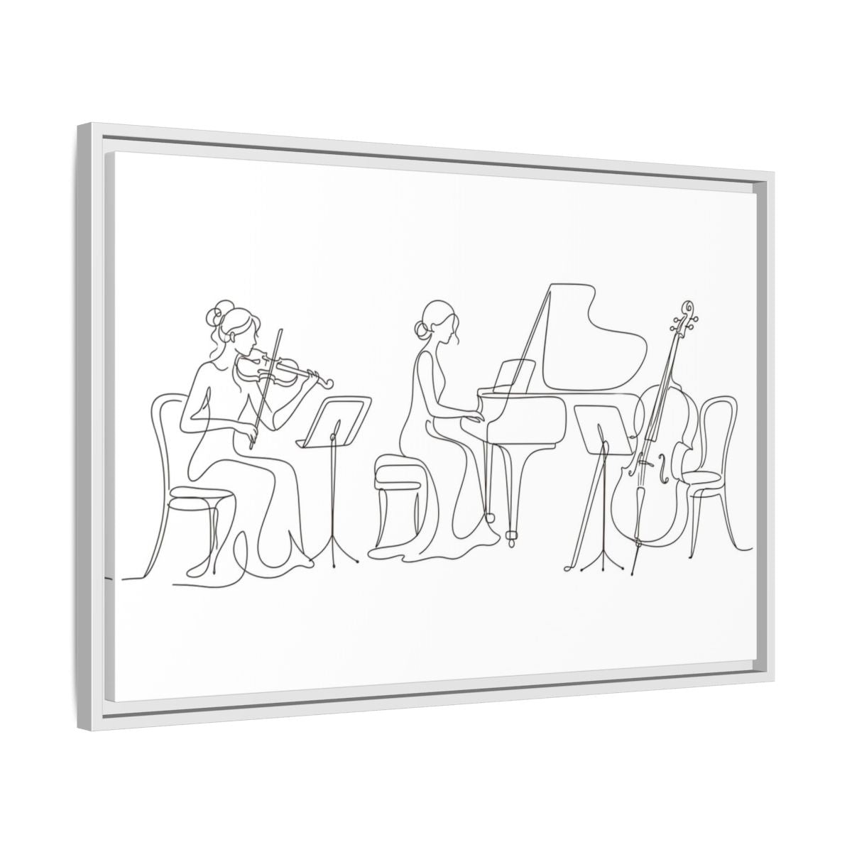 Side Mockup 10. Piano Trio Line Art shown as framed canvas print