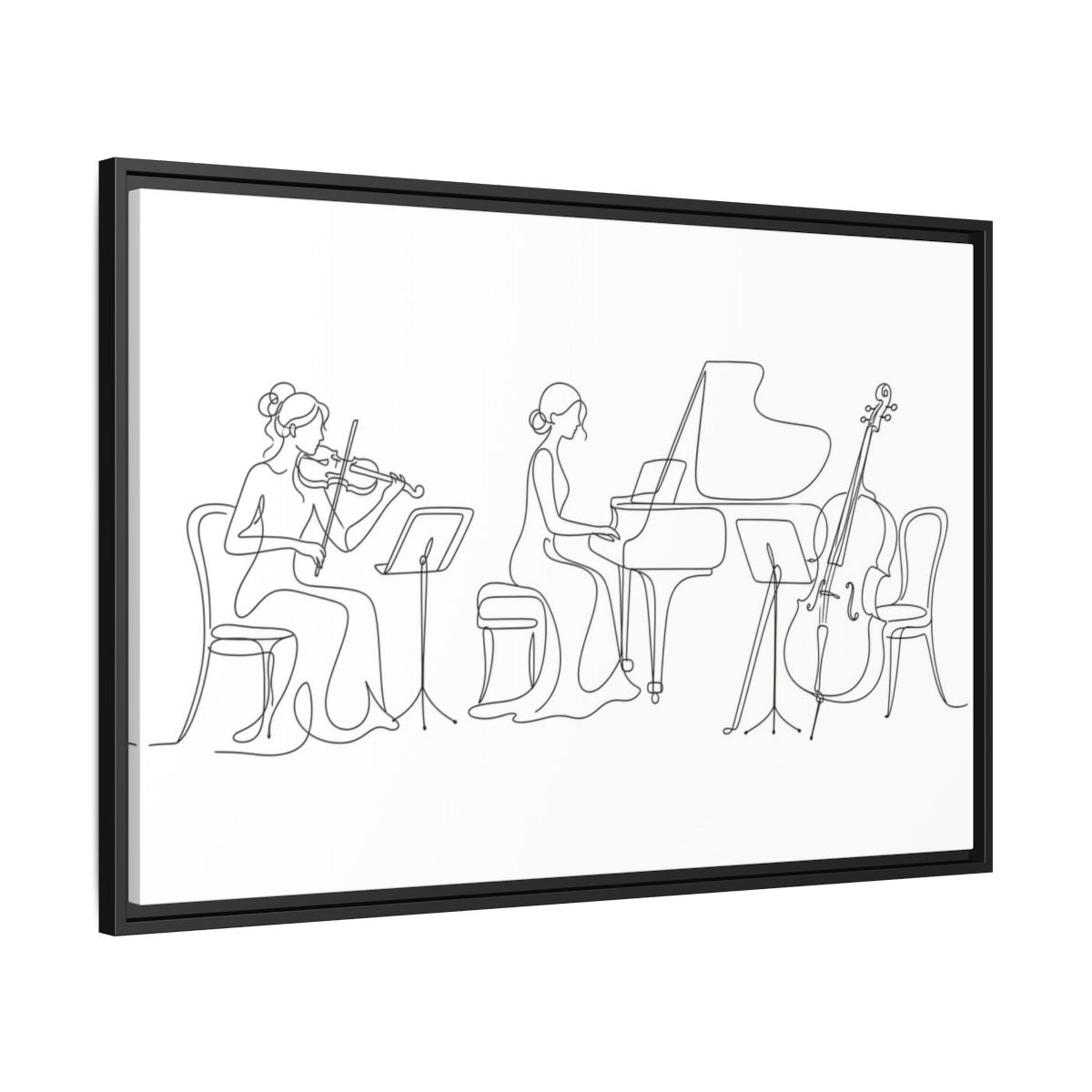 Side Mockup 13. Piano Trio Line Art shown as framed canvas print