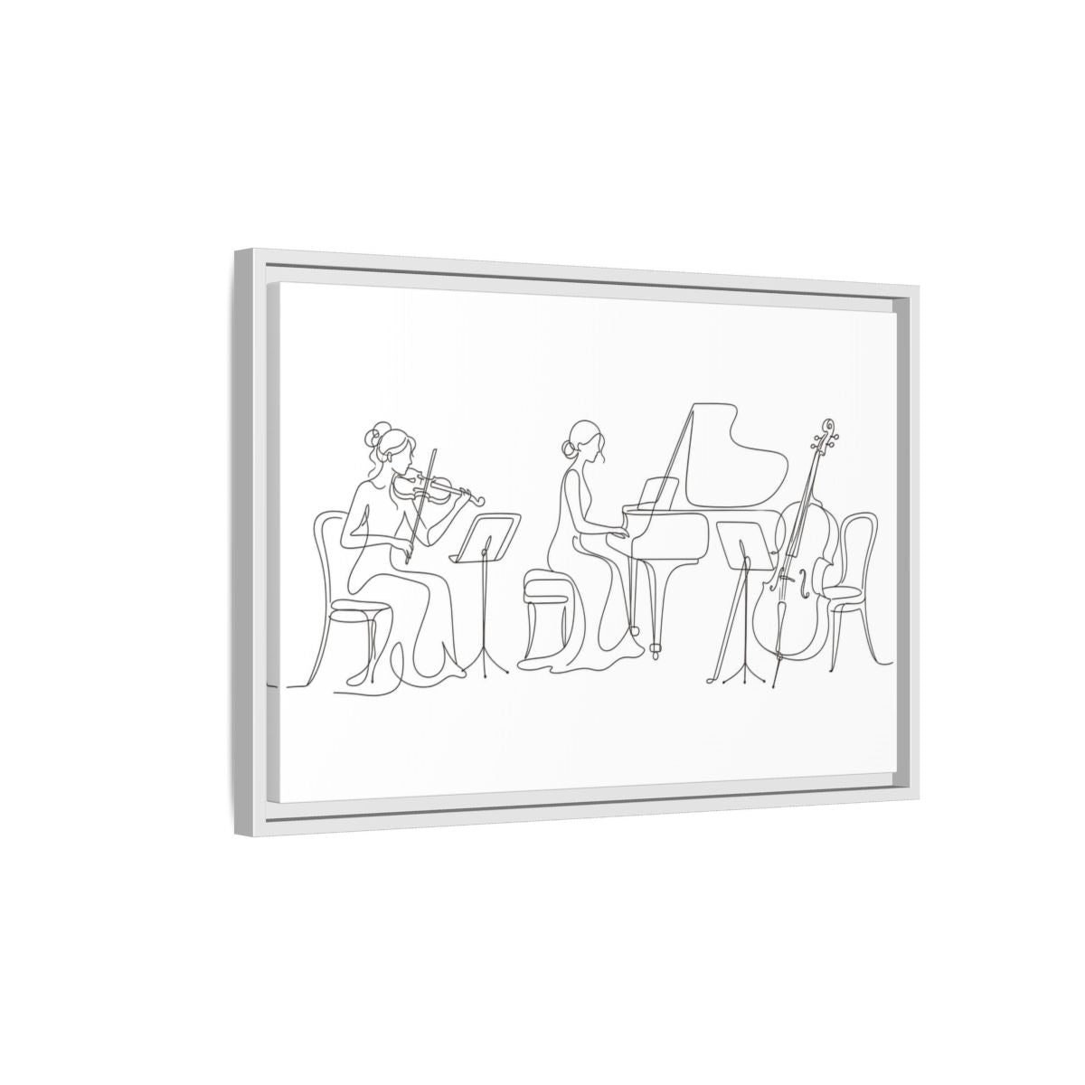 Side Mockup 1. Piano Trio Line Art shown as framed canvas print