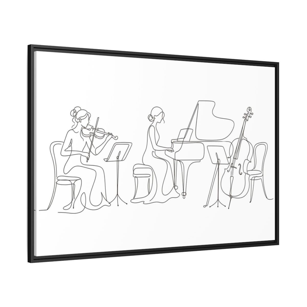 Side Mockup 12. Piano Trio Line Art shown as framed canvas print