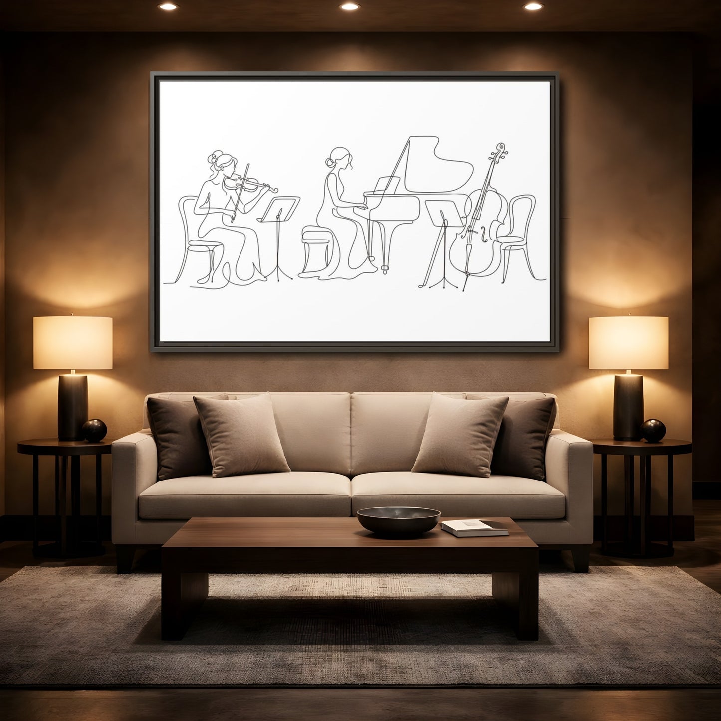 Mockup 2. Piano Trio Line Art shown as framed canvas print