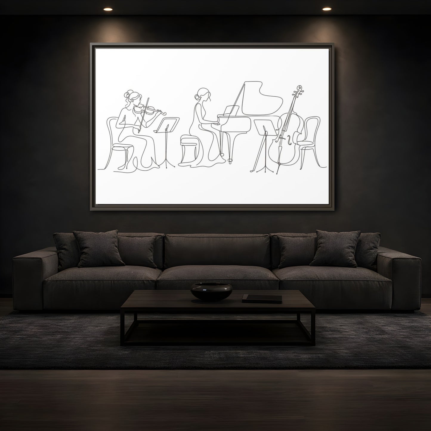 Mockup 3. Piano Trio Line Art shown as framed canvas print
