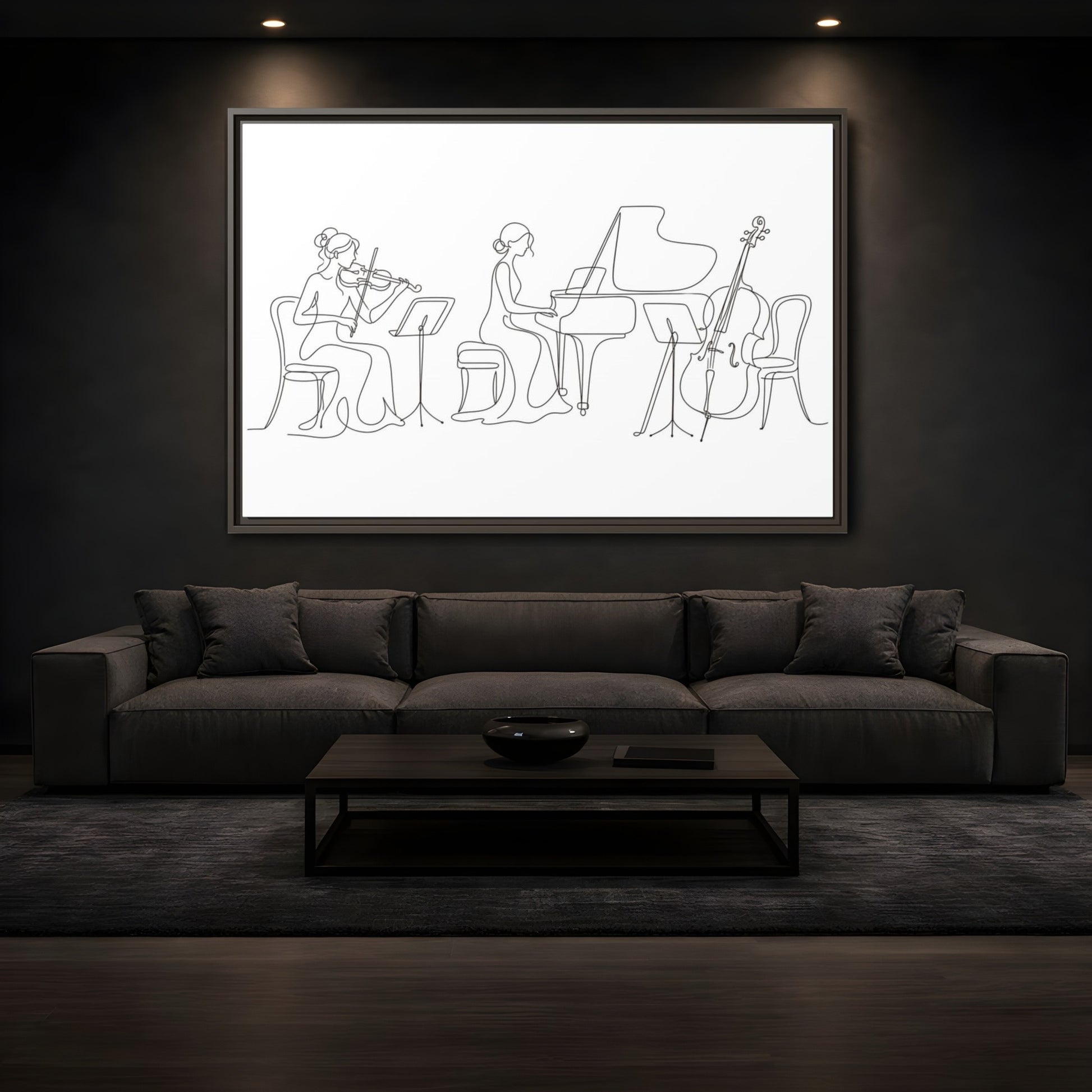 Mockup 3. Piano Trio Line Art shown as framed canvas print