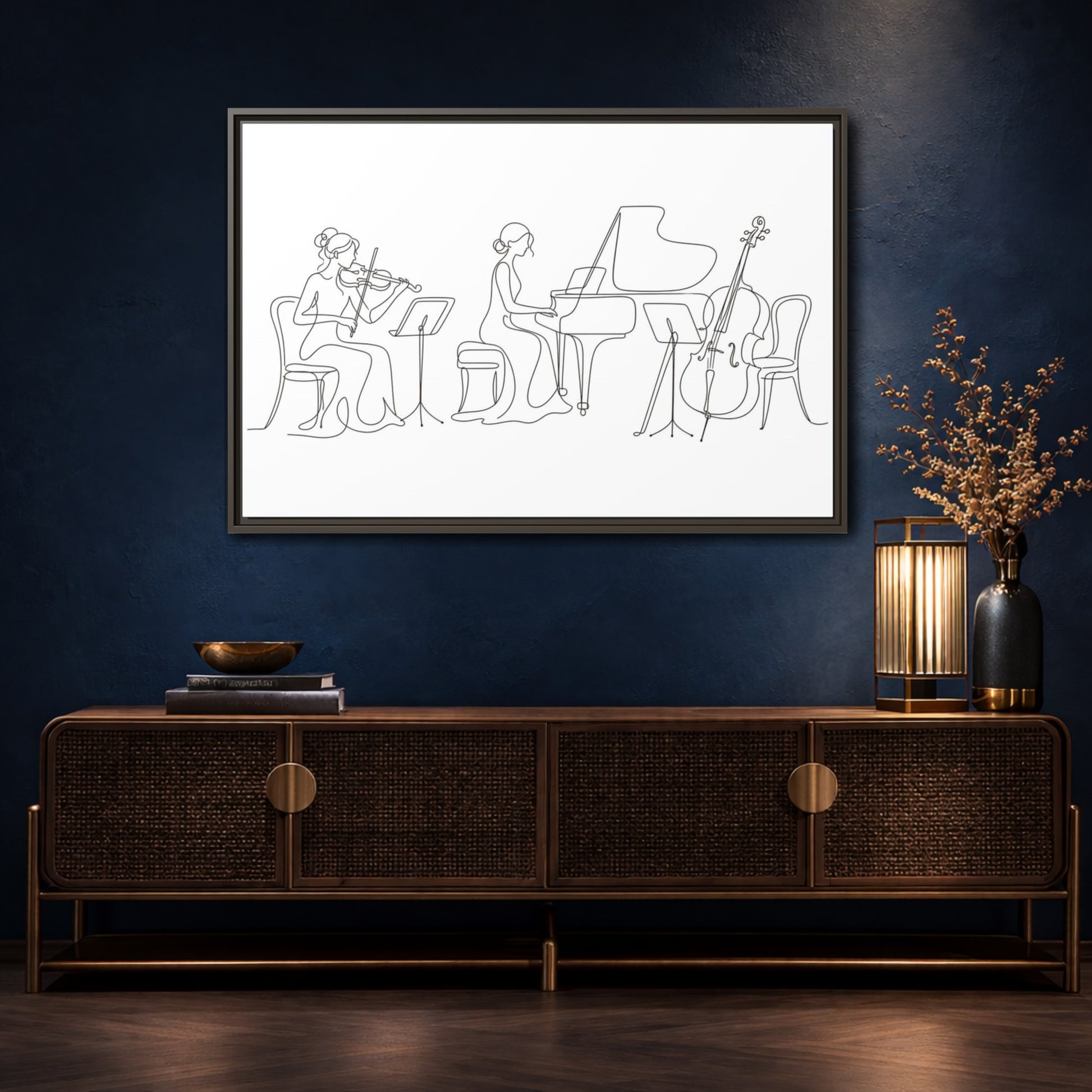 Mockup 4. Piano Trio Line Art shown as framed canvas print