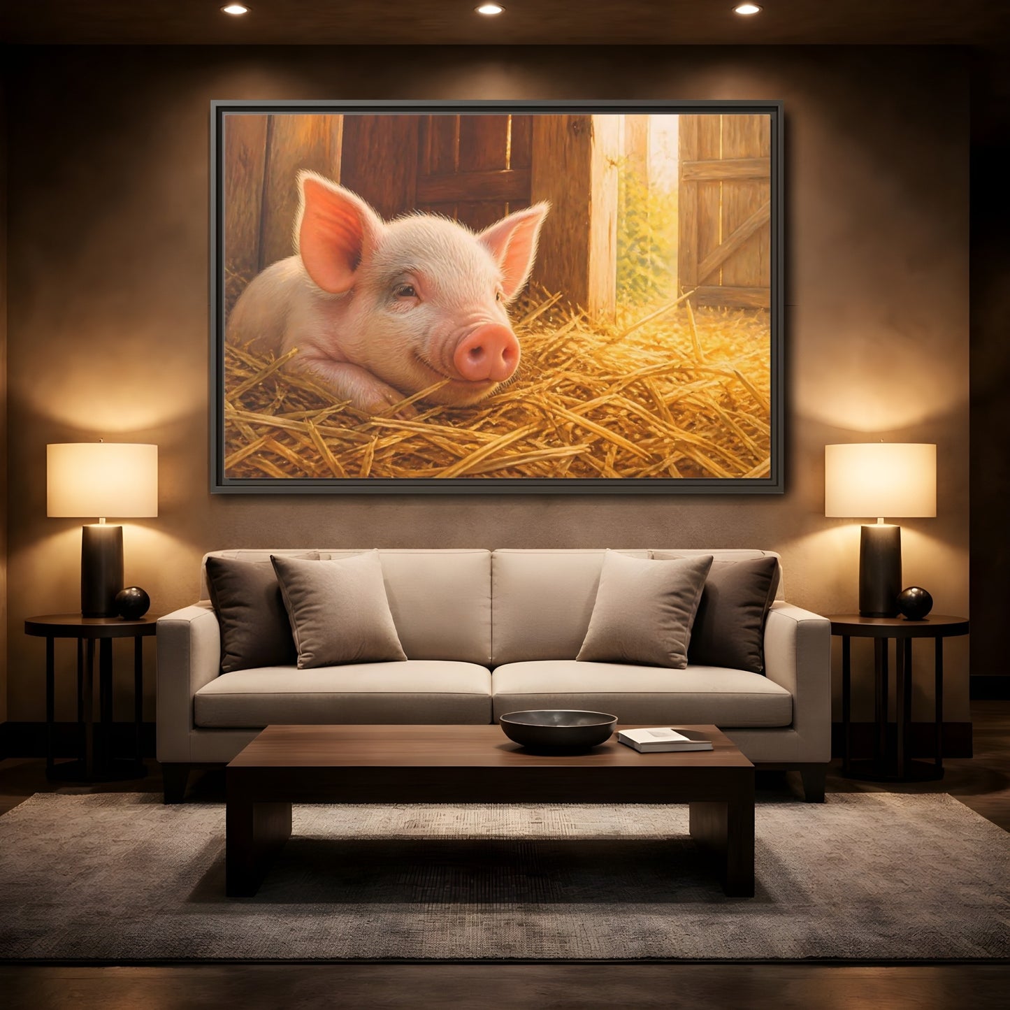 Mockup 2. Piglet Farm Animals shown as framed canvas print