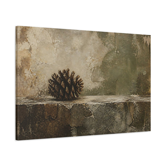 Main Mockup. Pine Cone On Weathered Ledge shown as canvas print