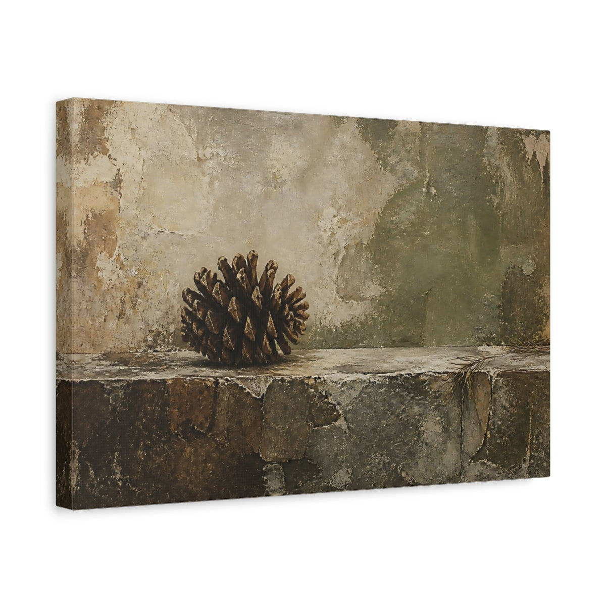 Side Mockup 4. Pine Cone On Weathered Ledge shown as canvas print