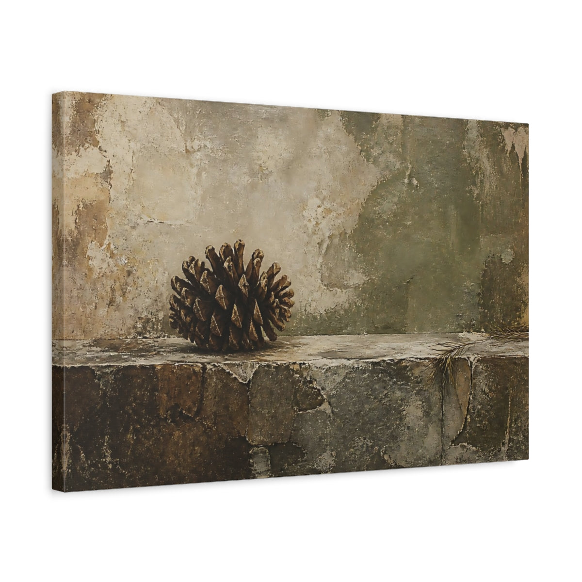 Side Mockup 3. Pine Cone On Weathered Ledge shown as canvas print