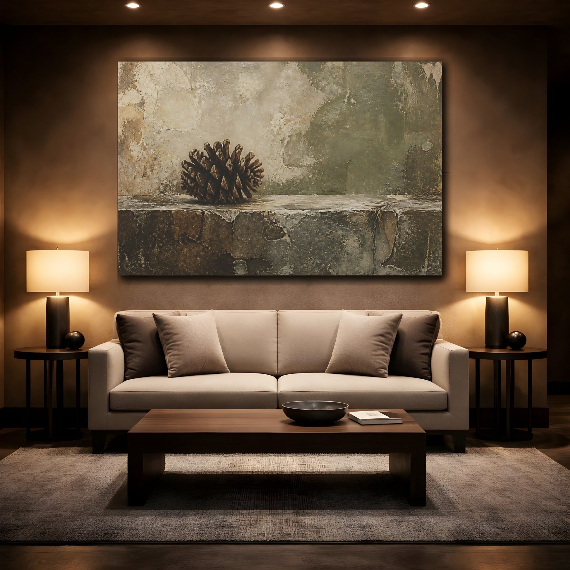 Mockup 2. Pine Cone On Weathered Ledge shown as canvas print