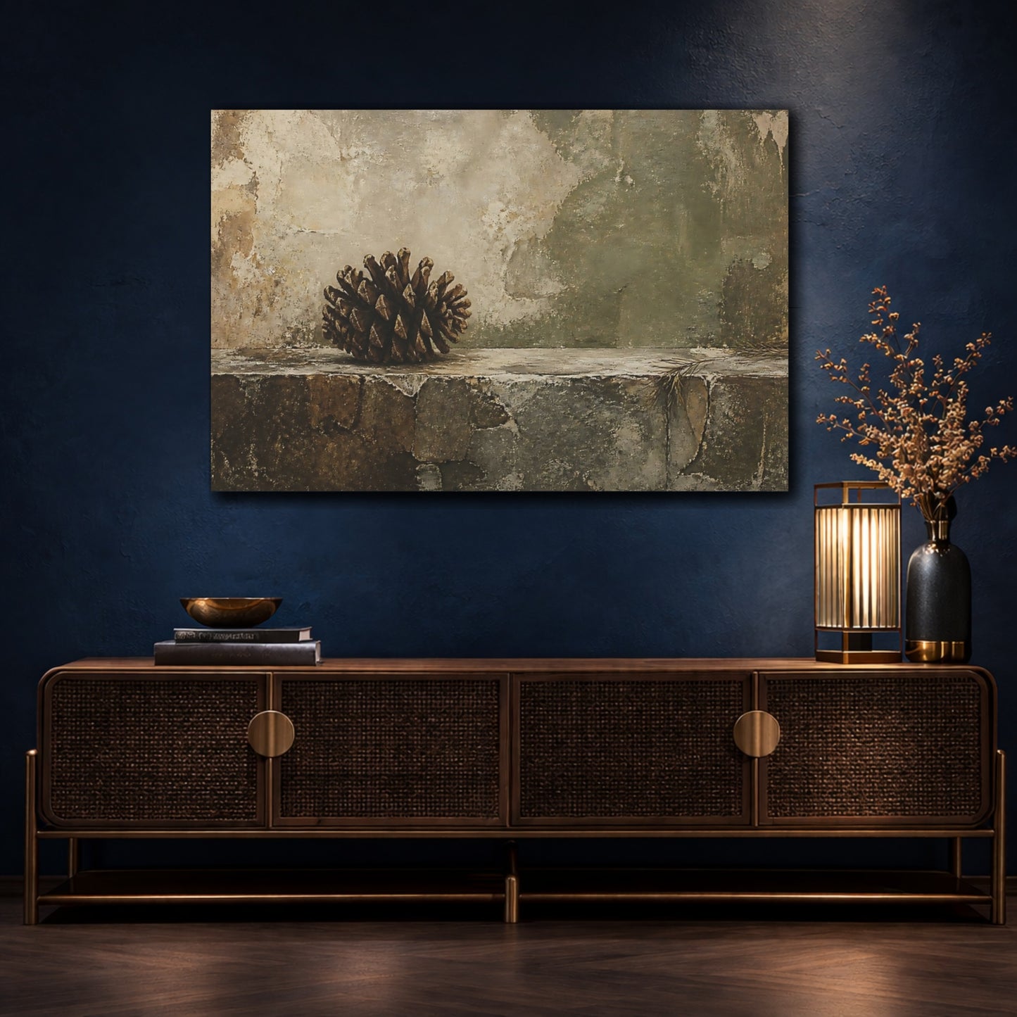 Mockup 4. Pine Cone On Weathered Ledge shown as canvas print