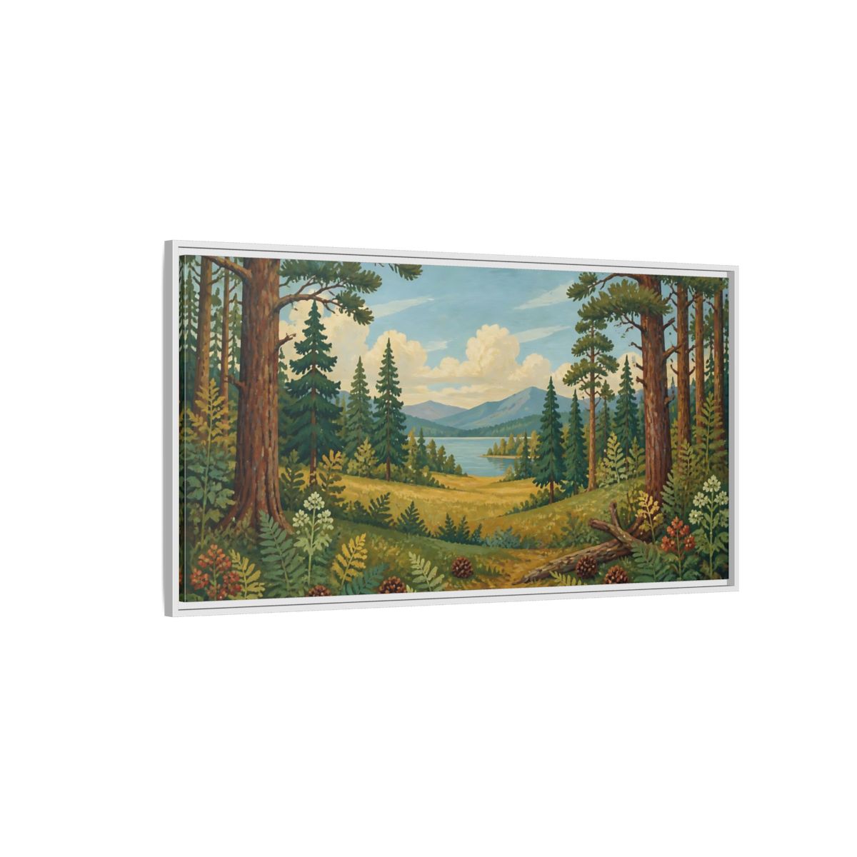 Side Mockup 3. Pine Lake Meadow shown as framed canvas print