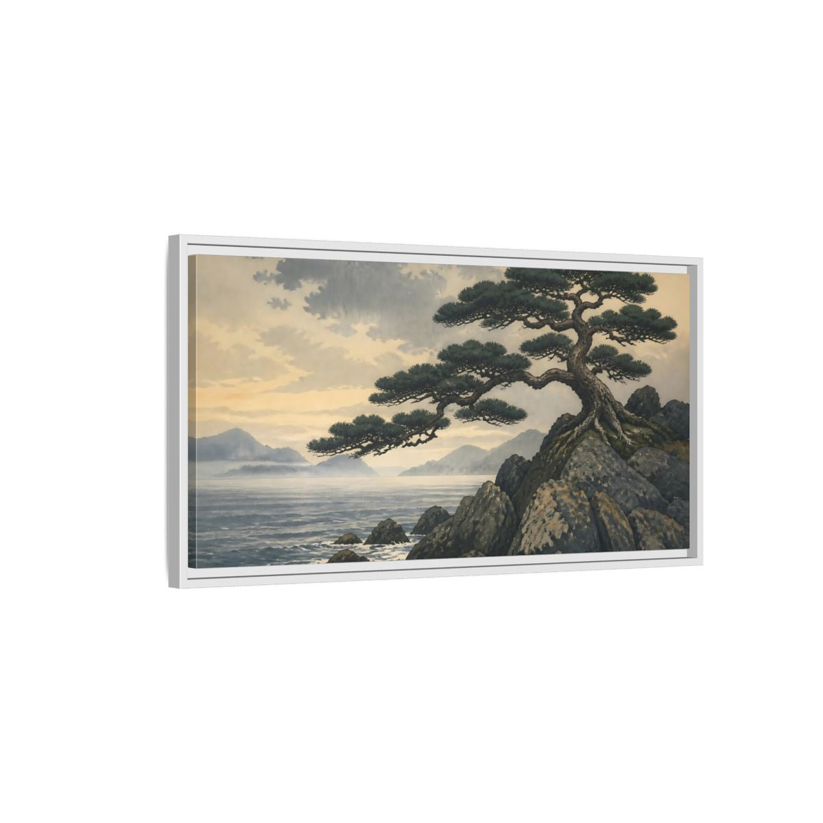 Side Mockup 1. Pine On Rocky Shore shown as framed canvas print