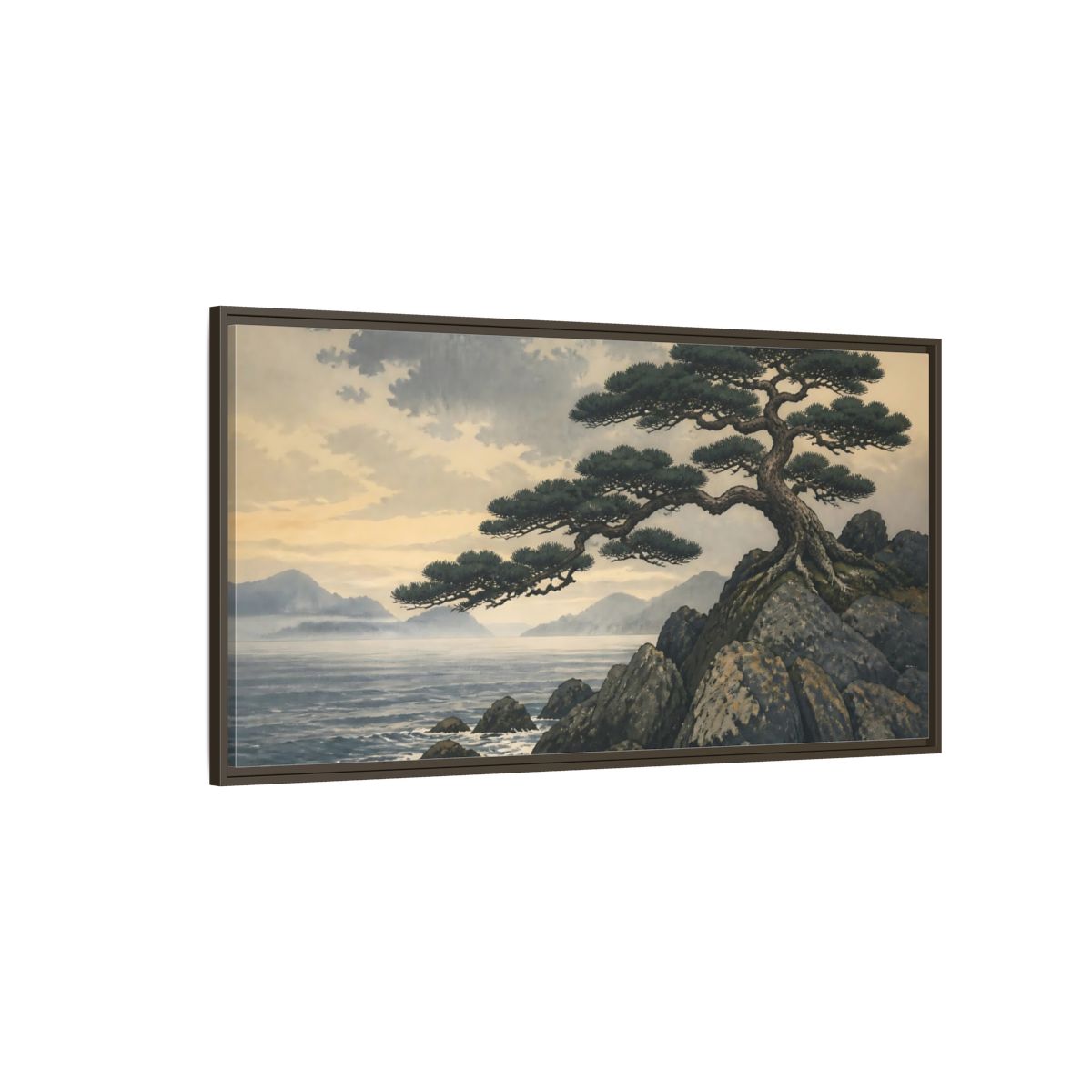 Side Mockup 4. Pine On Rocky Shore shown as framed canvas print