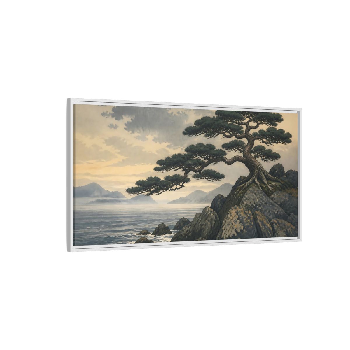 Side Mockup 3. Pine On Rocky Shore shown as framed canvas print