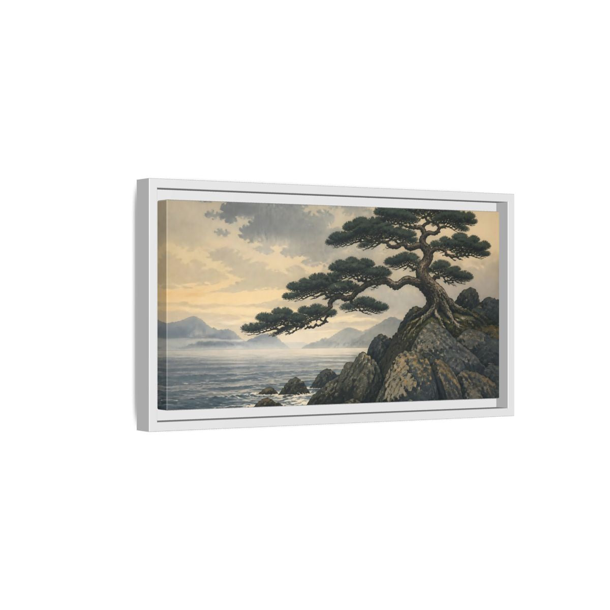 Side Mockup 6. Pine On Rocky Shore shown as framed canvas print