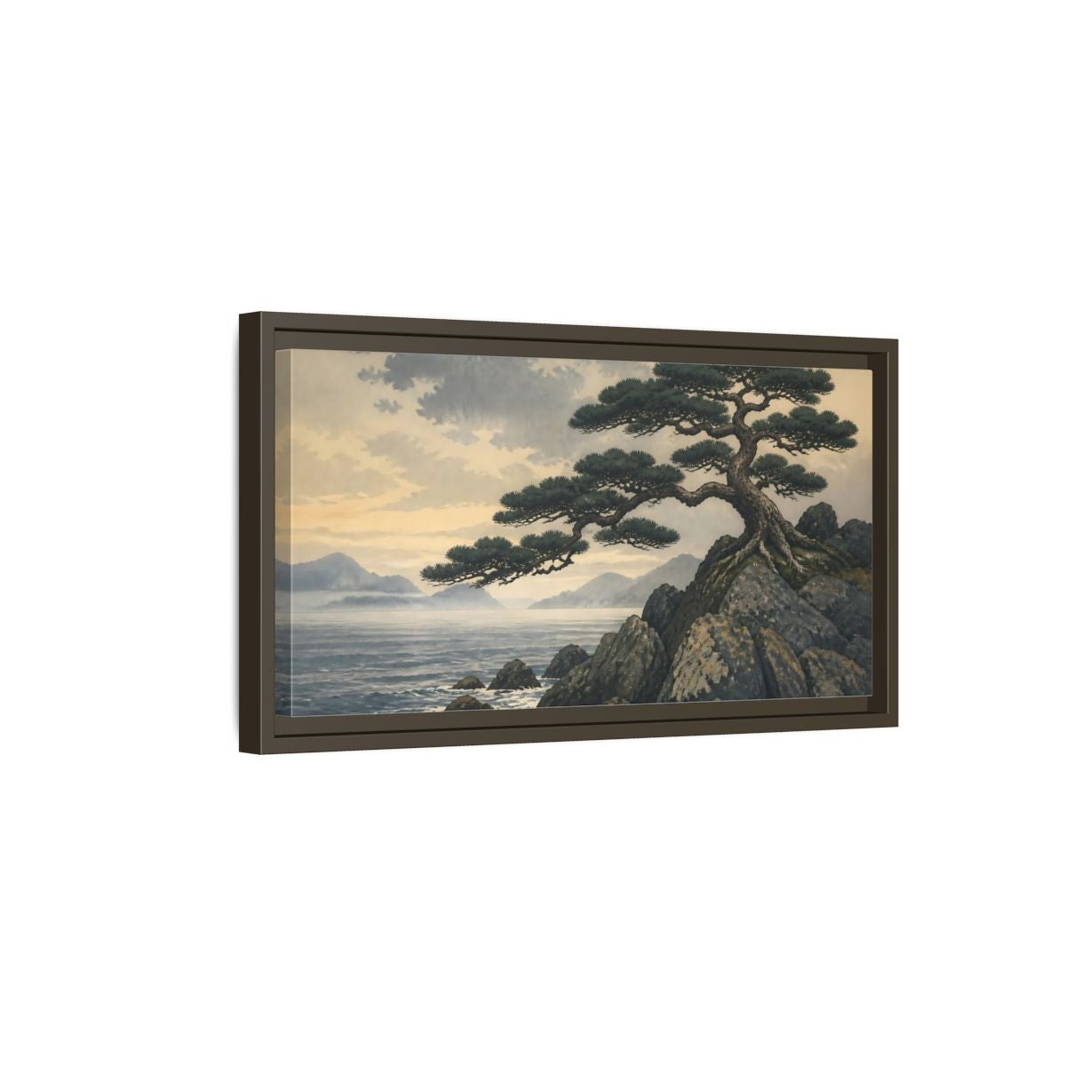 Side Mockup 7. Pine On Rocky Shore shown as framed canvas print