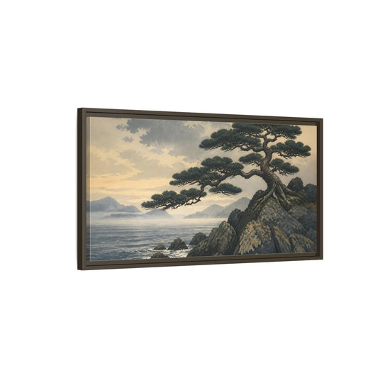 Main Mockup. Pine On Rocky Shore shown as framed canvas print