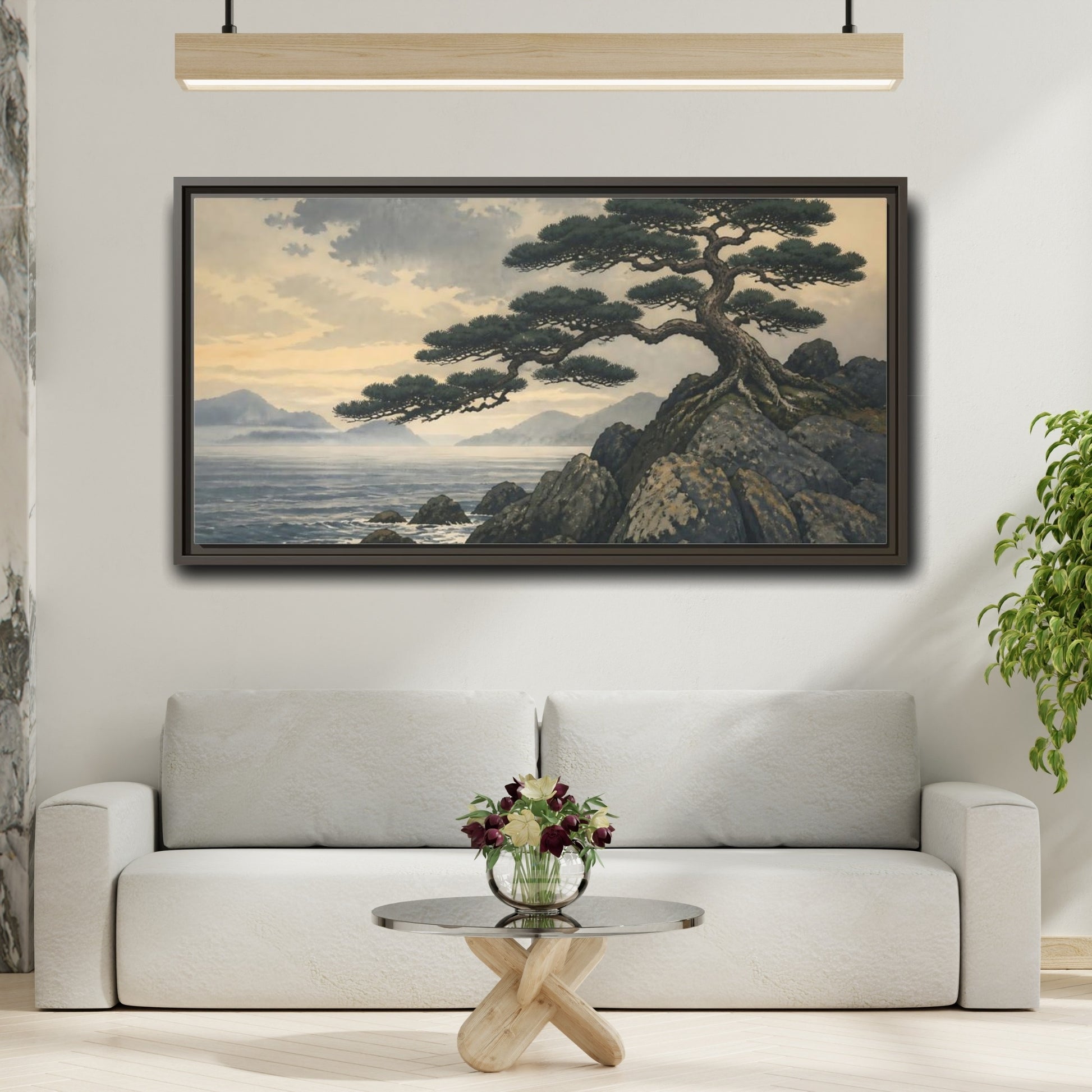 Mockup 2. Pine On Rocky Shore shown as framed canvas print