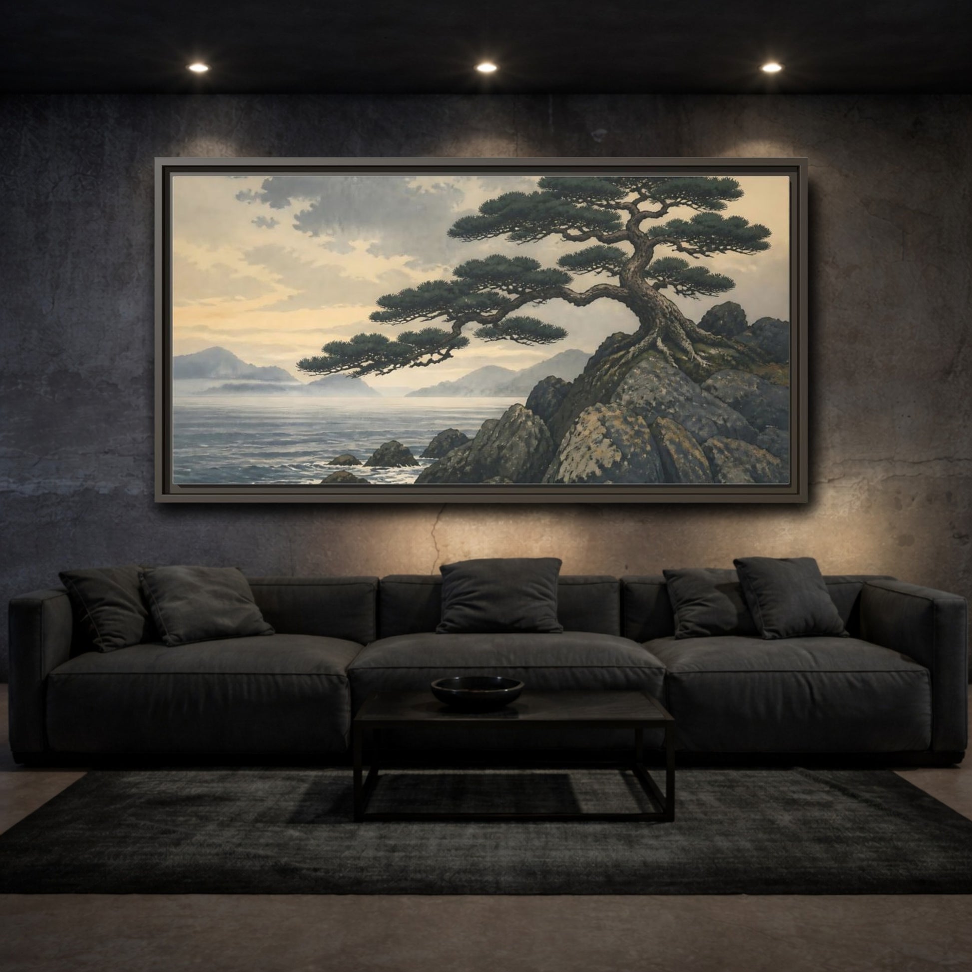 Mockup 3. Pine On Rocky Shore shown as framed canvas print