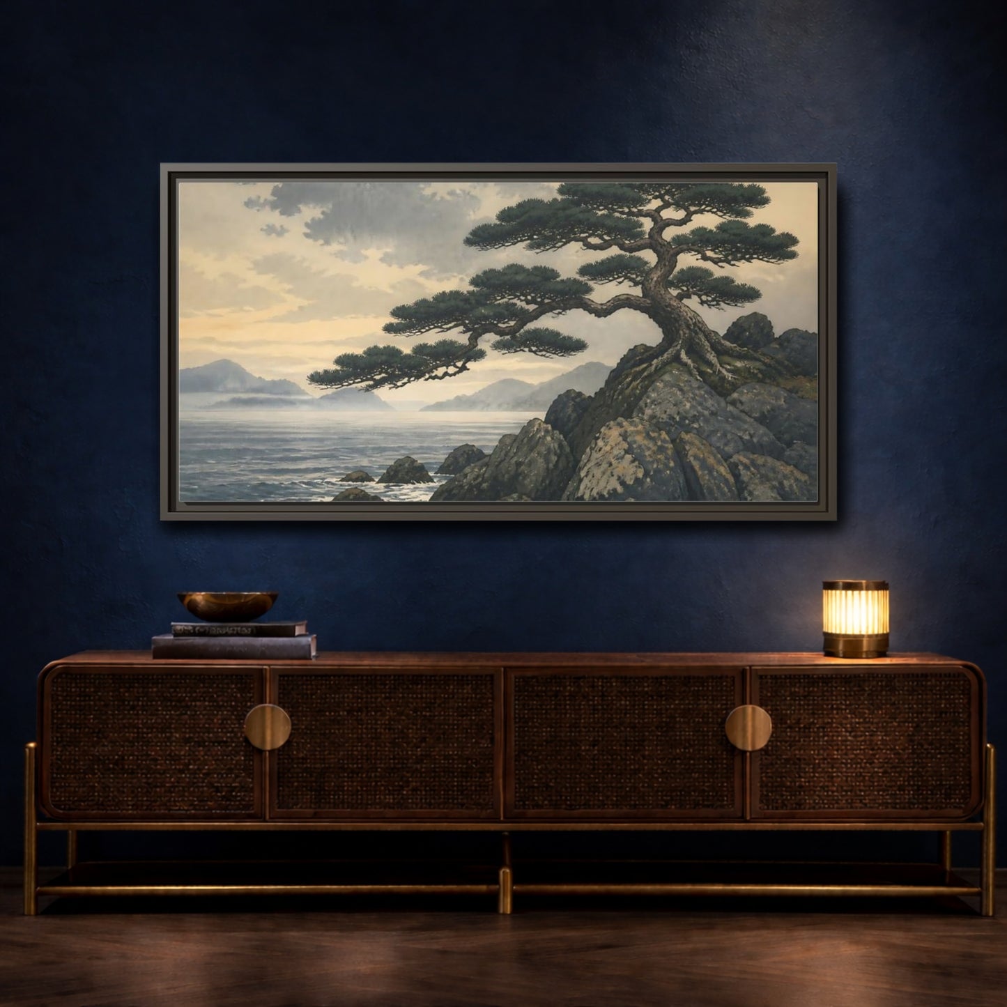 Mockup 4. Pine On Rocky Shore shown as framed canvas print