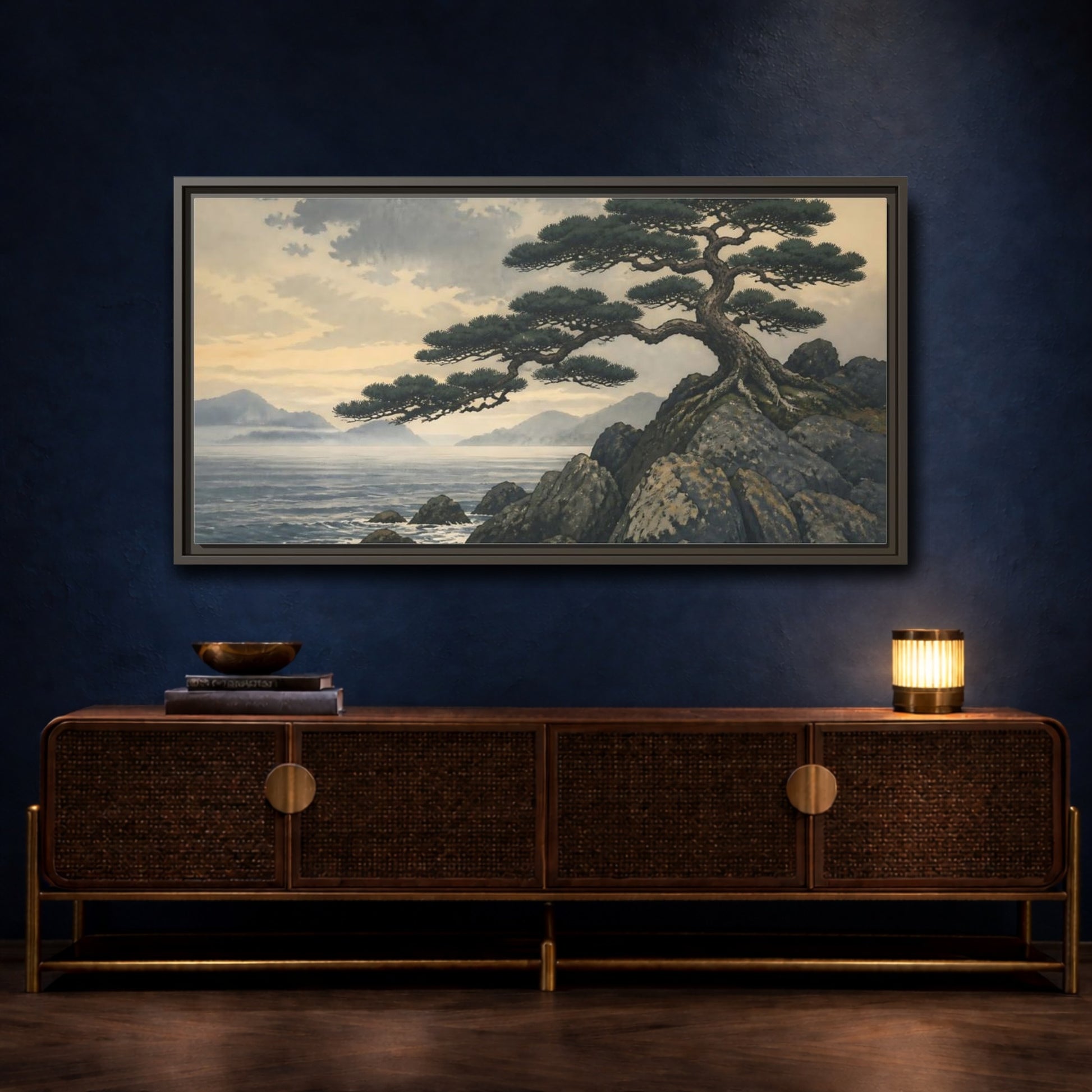 Mockup 4. Pine On Rocky Shore shown as framed canvas print