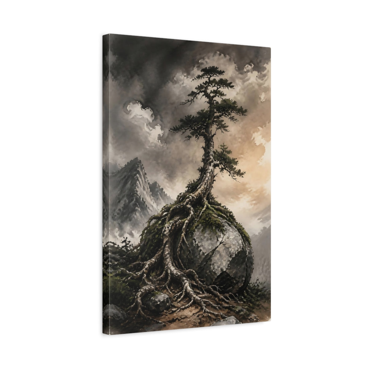Side Mockup 3. Pine Tree On Boulder shown as canvas print