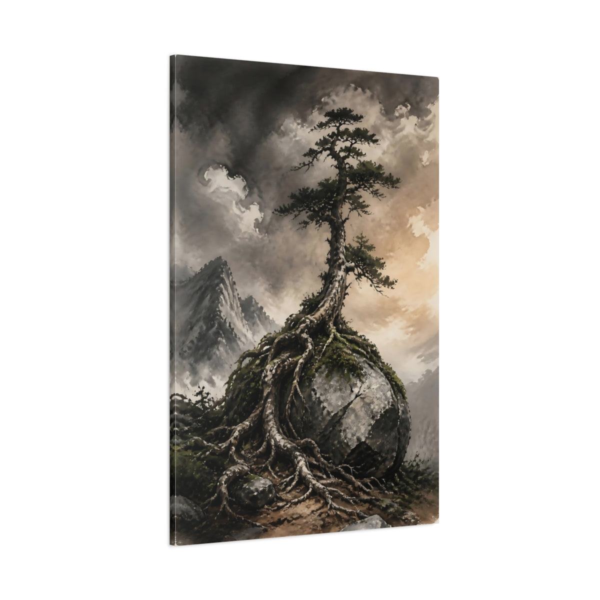 Side Mockup 1. Pine Tree On Boulder shown as canvas print