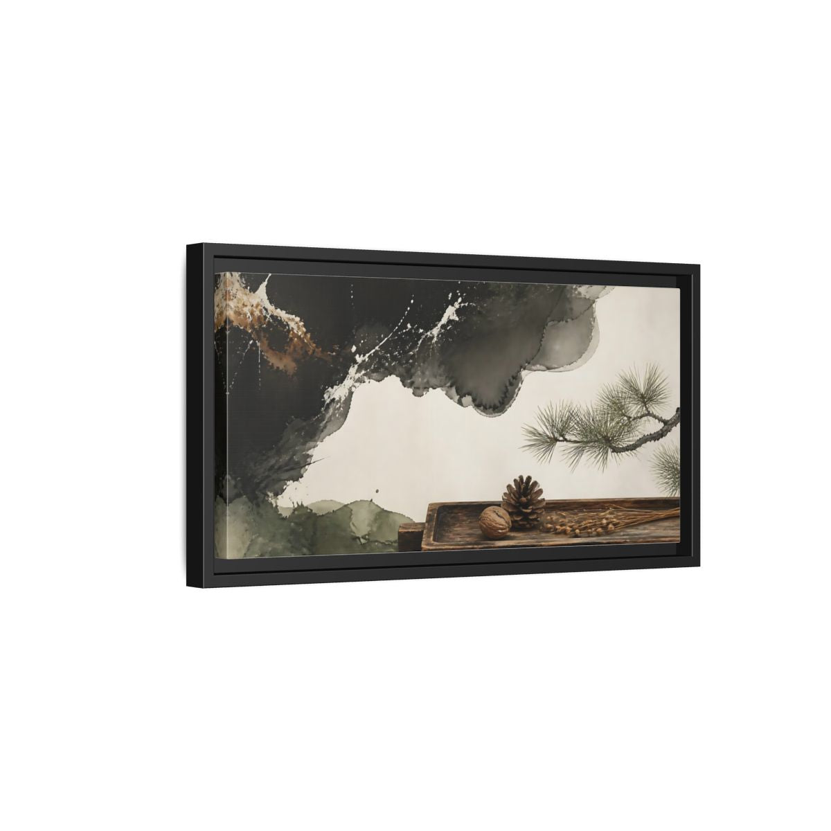 Side Mockup 8. Pinecone On Aged Tray shown as framed canvas print