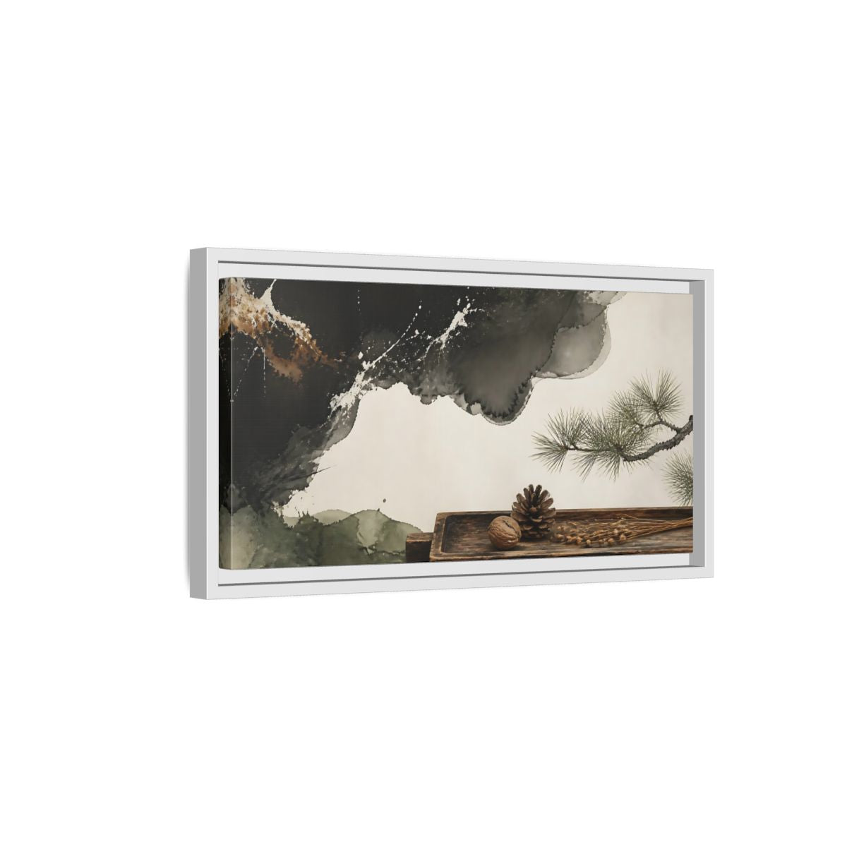 Side Mockup 6. Pinecone On Aged Tray shown as framed canvas print