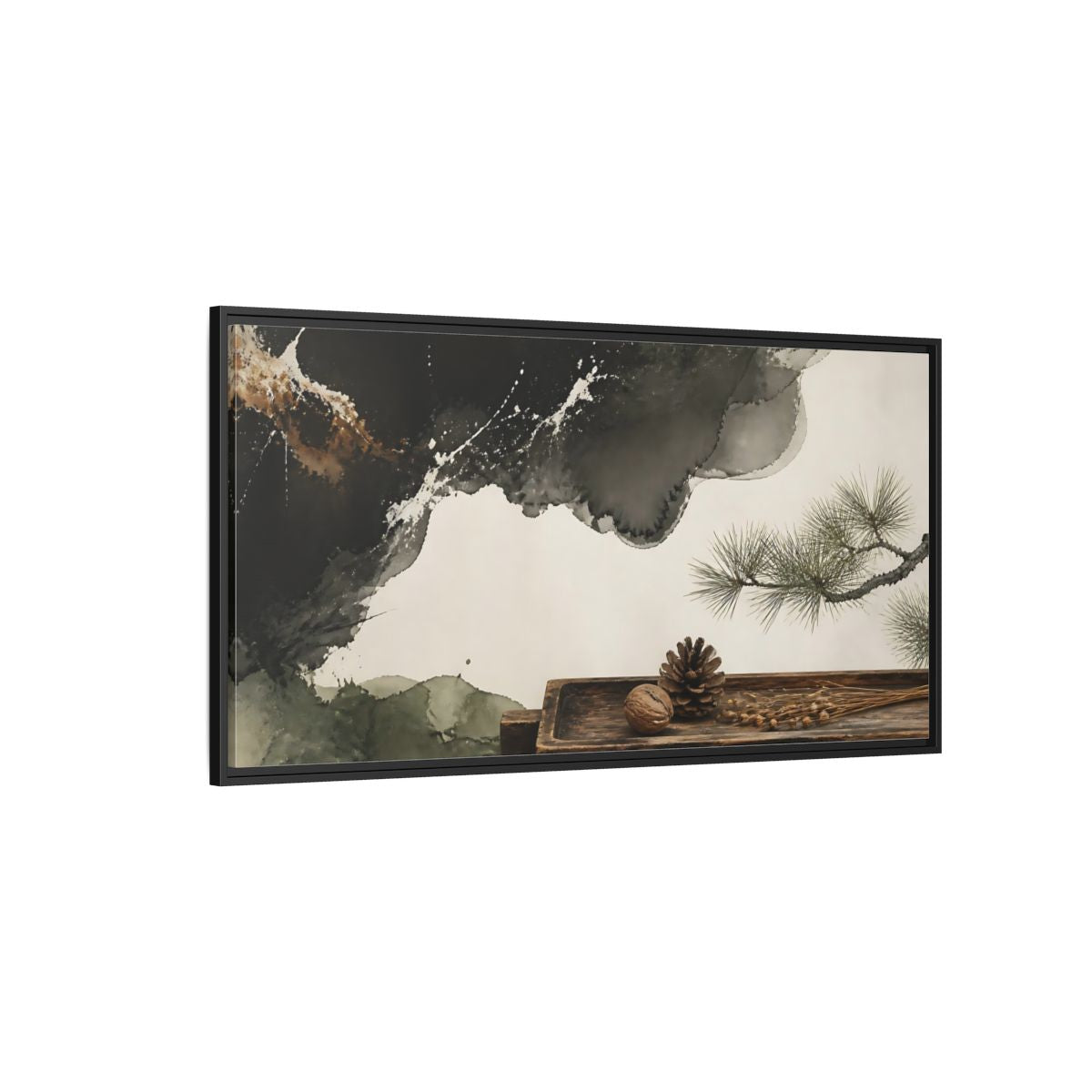 Side Mockup 5. Pinecone On Aged Tray shown as framed canvas print