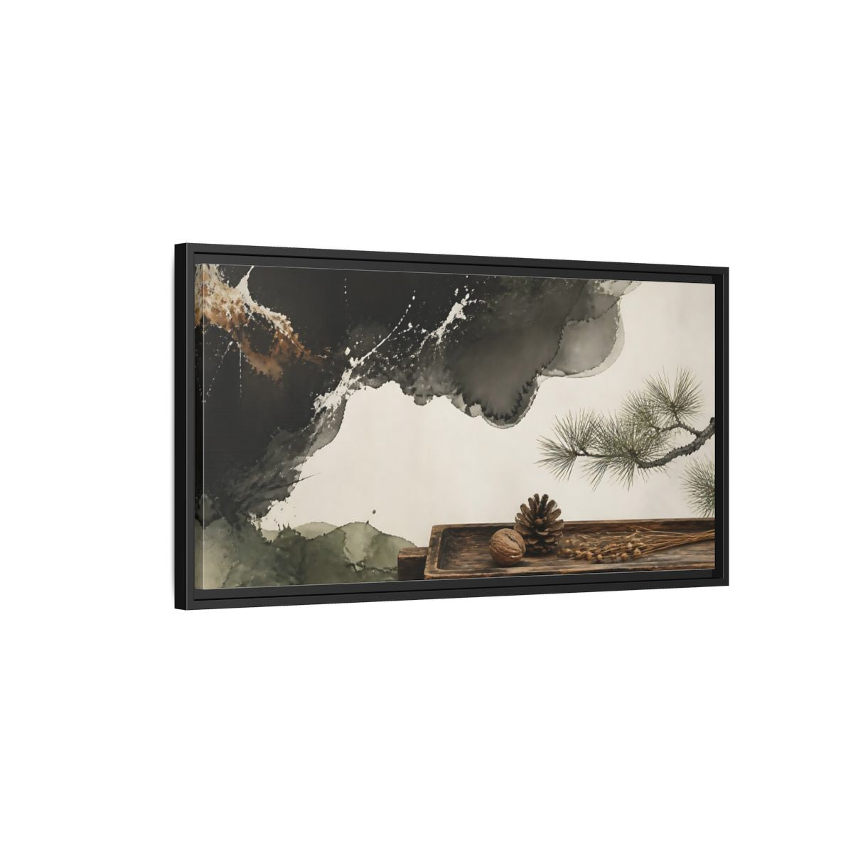 Side Mockup 2. Pinecone On Aged Tray shown as framed canvas print