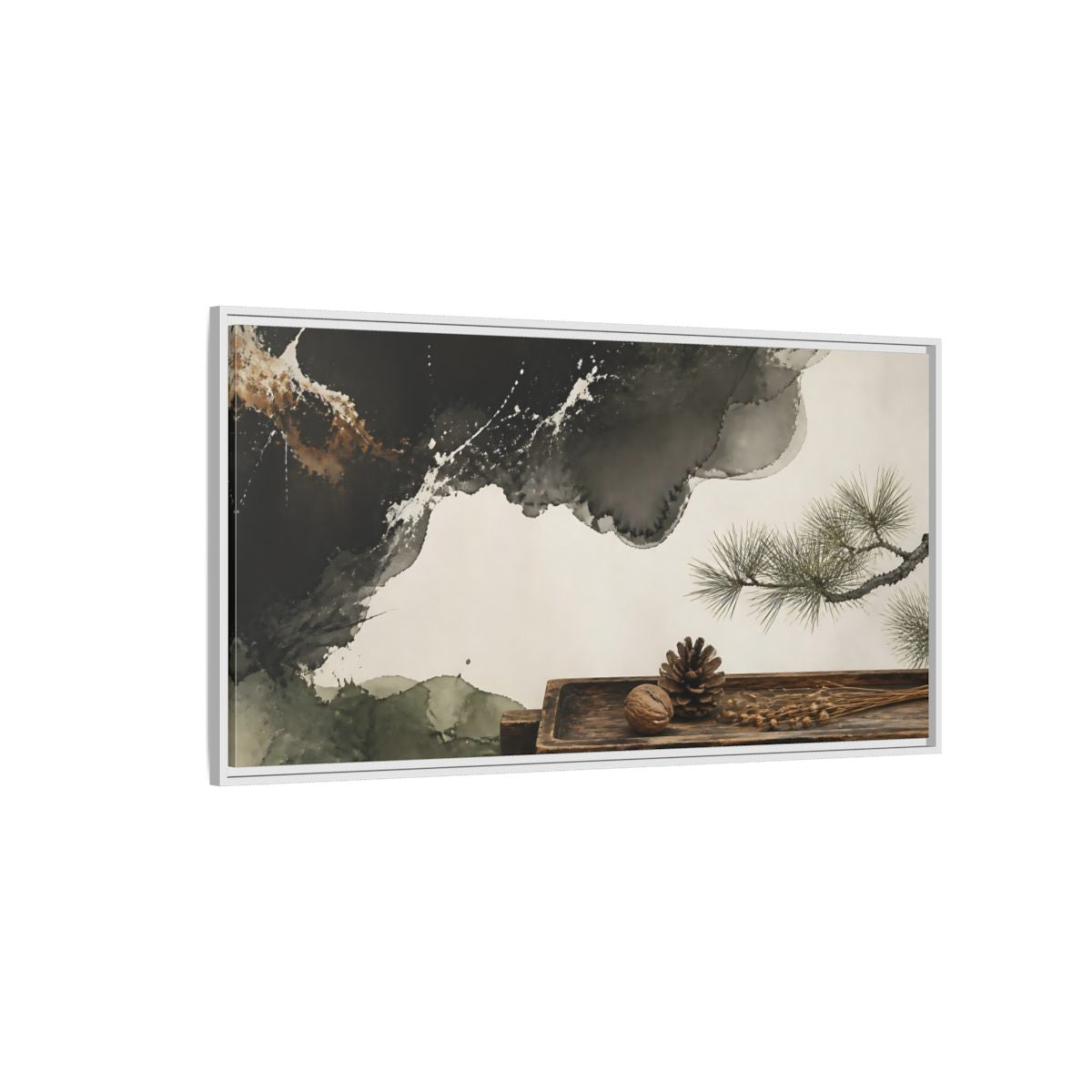 Side Mockup 3. Pinecone On Aged Tray shown as framed canvas print