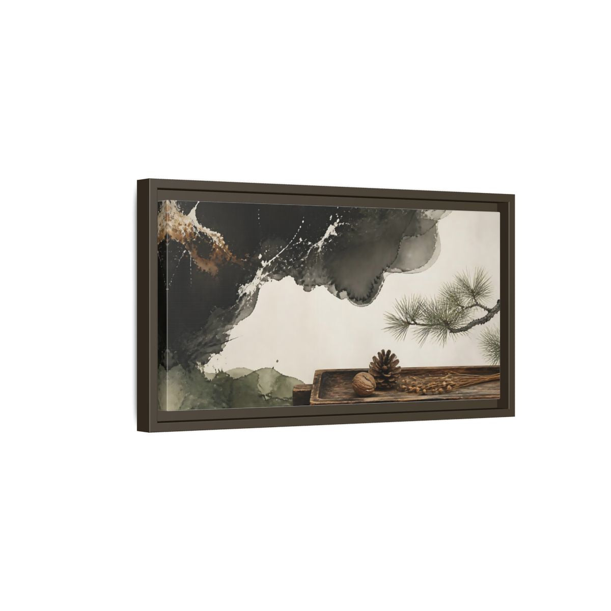 Side Mockup 7. Pinecone On Aged Tray shown as framed canvas print