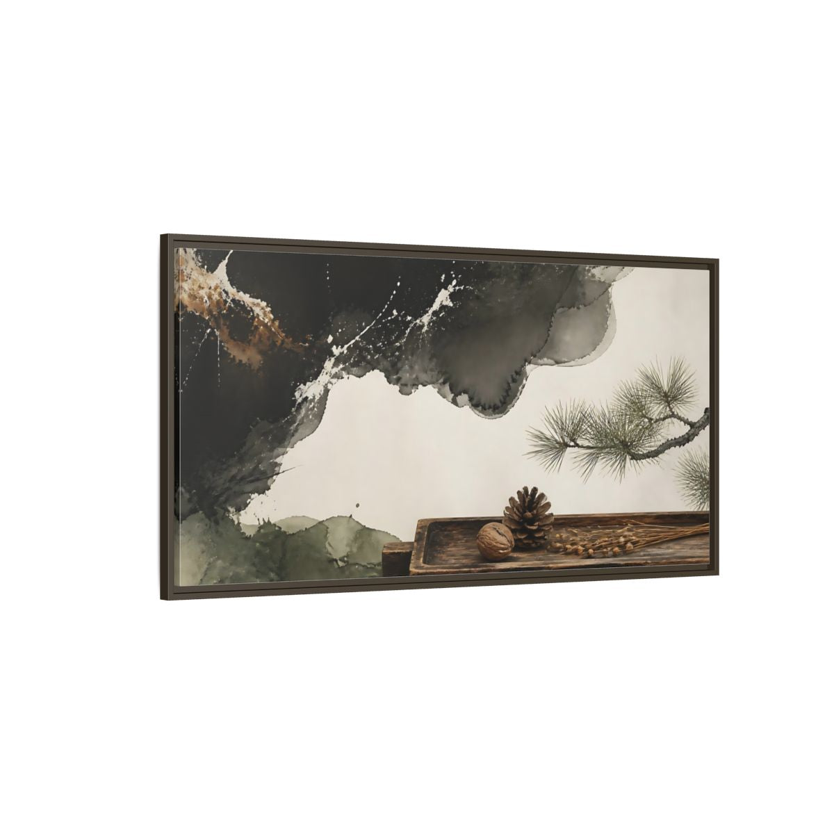 Side Mockup 4. Pinecone On Aged Tray shown as framed canvas print