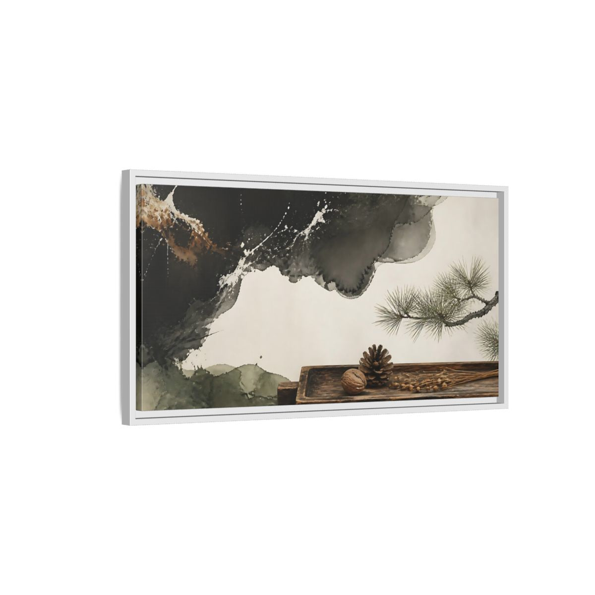 Side Mockup 1. Pinecone On Aged Tray shown as framed canvas print