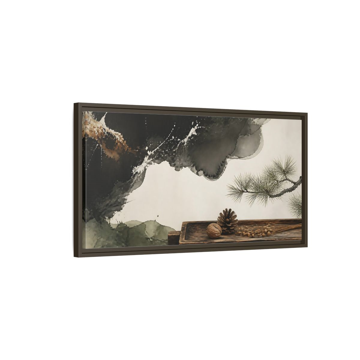 Main Mockup. Pinecone On Aged Tray shown as framed canvas print