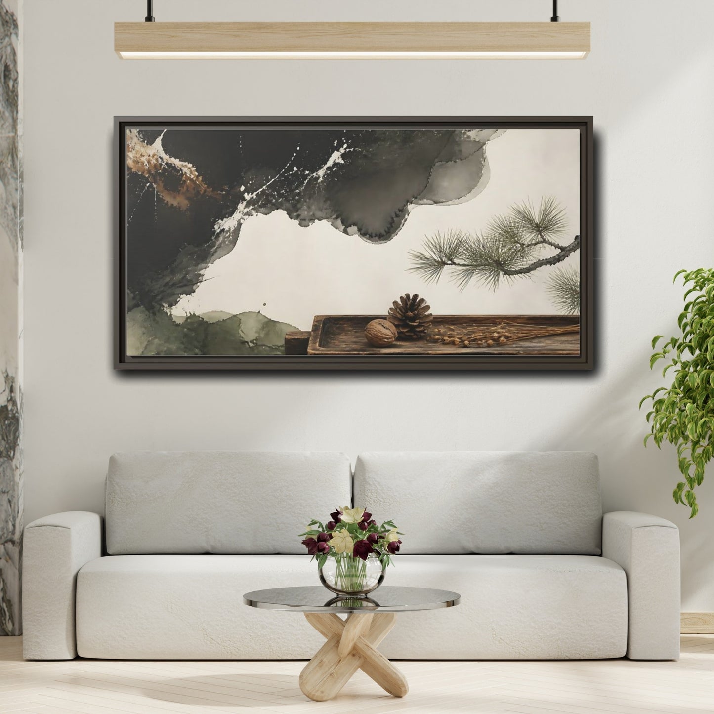 Mockup 2. Pinecone On Aged Tray shown as framed canvas print