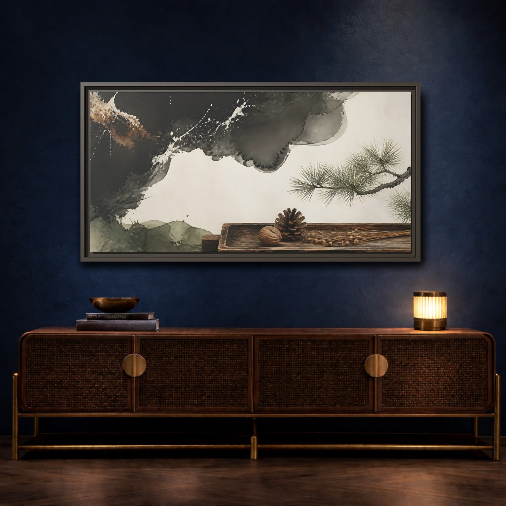 Mockup 4. Pinecone On Aged Tray shown as framed canvas print