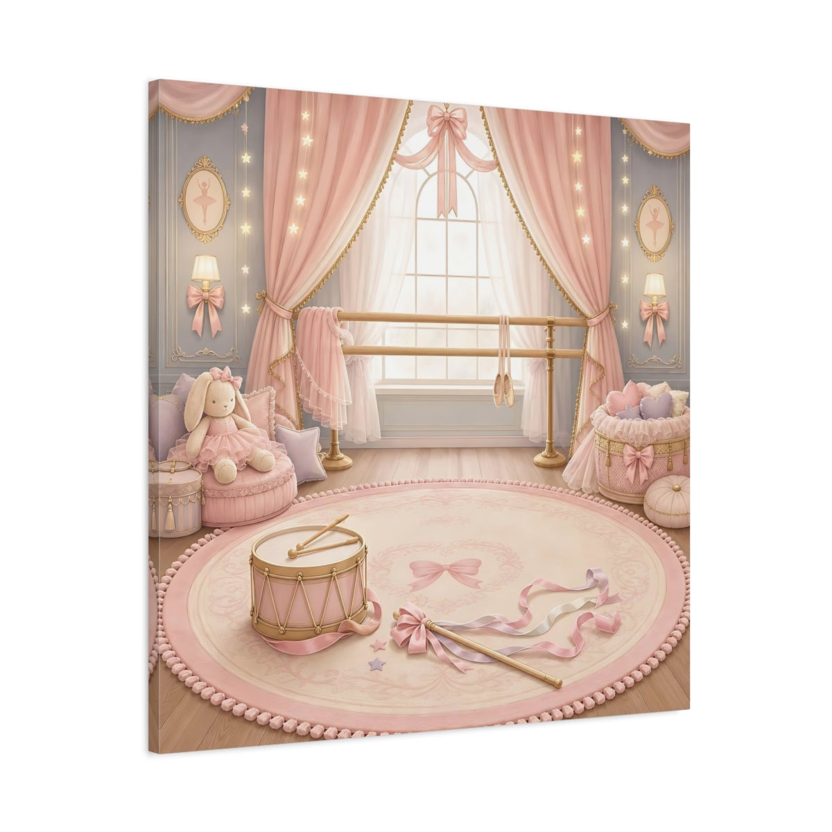 Main Mockup. Pink Ballet Nursery Scene shown as canvas print