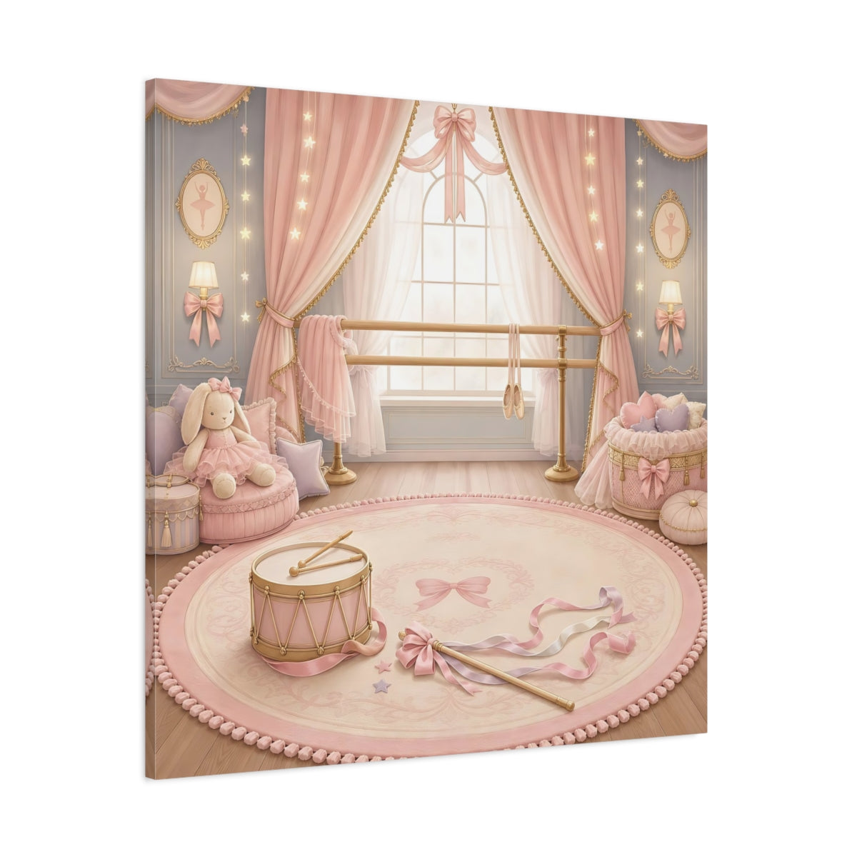 Side Mockup 1. Pink Ballet Nursery Scene shown as canvas print