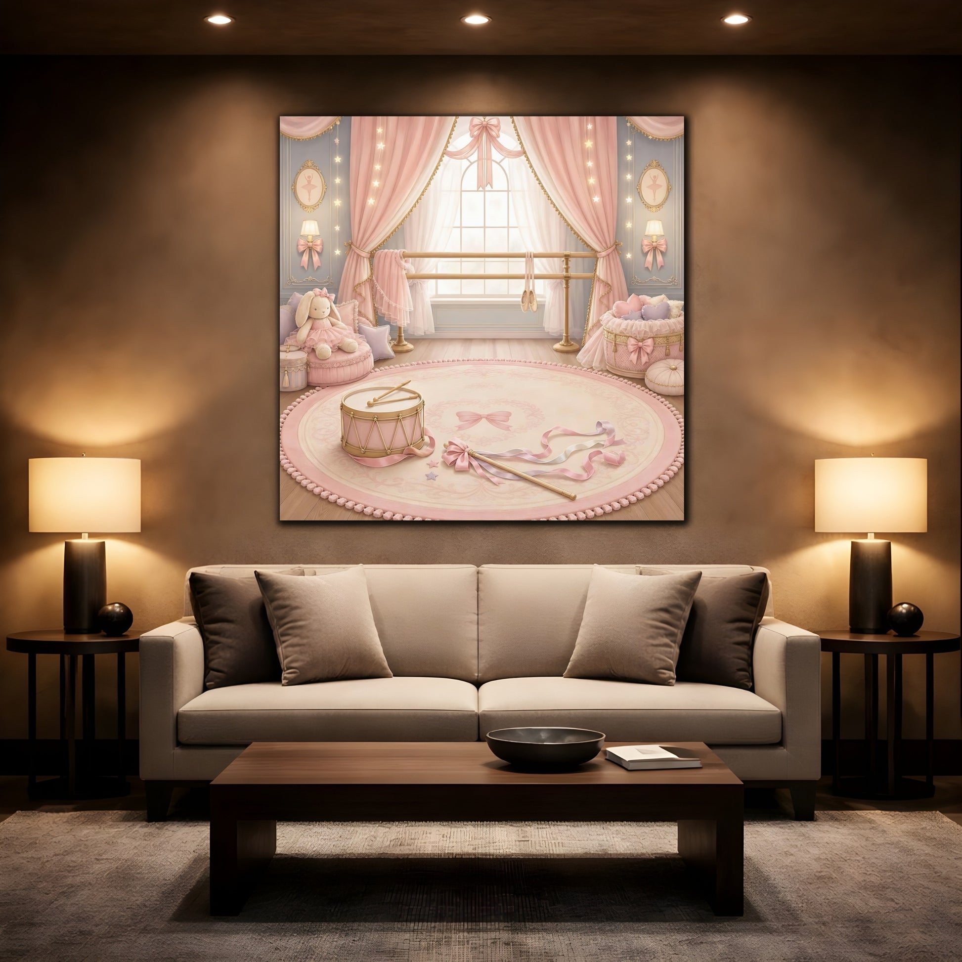 Mockup 2. Pink Ballet Nursery Scene shown as canvas print