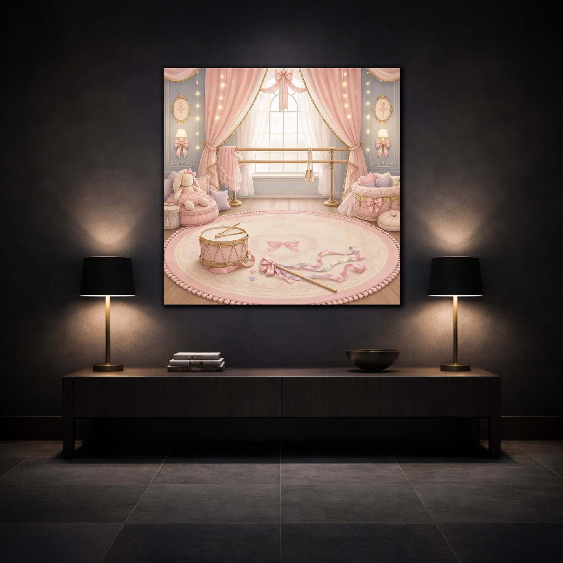 Mockup 3. Pink Ballet Nursery Scene shown as canvas print