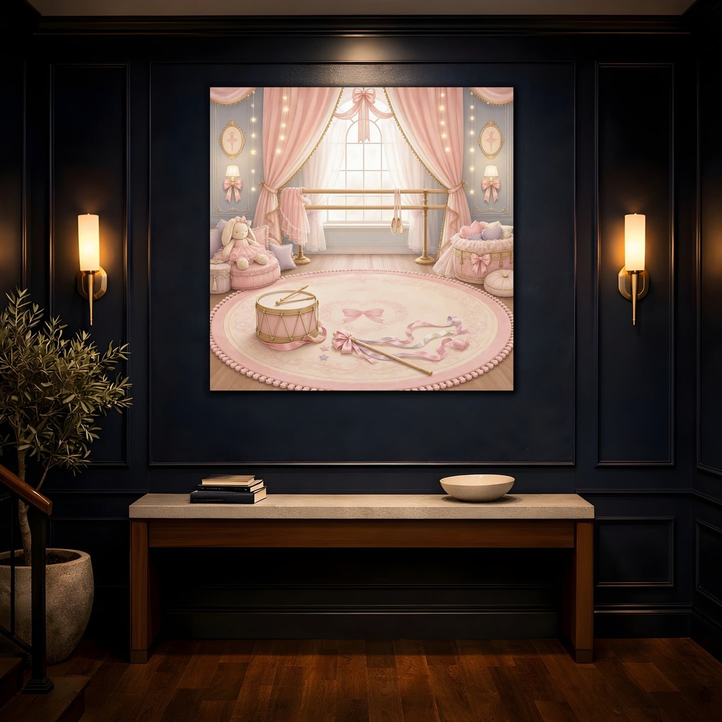 Mockup 4. Pink Ballet Nursery Scene shown as canvas print