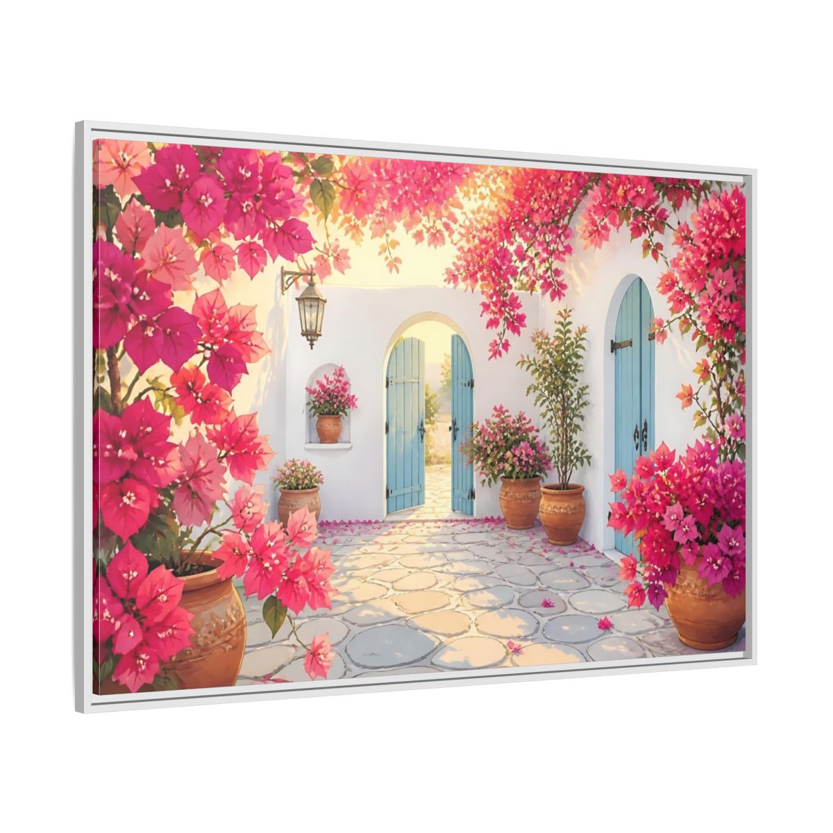 Side Mockup 7. Pink Bougainvillea Courtyard shown as framed canvas print